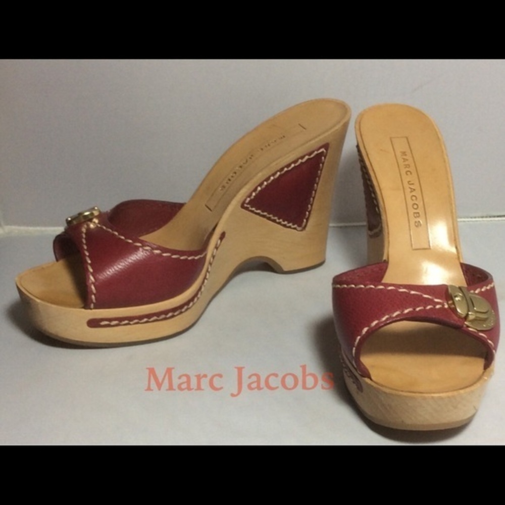 Marc Jacobs Red Leather Wood Platform Slides Sz 38